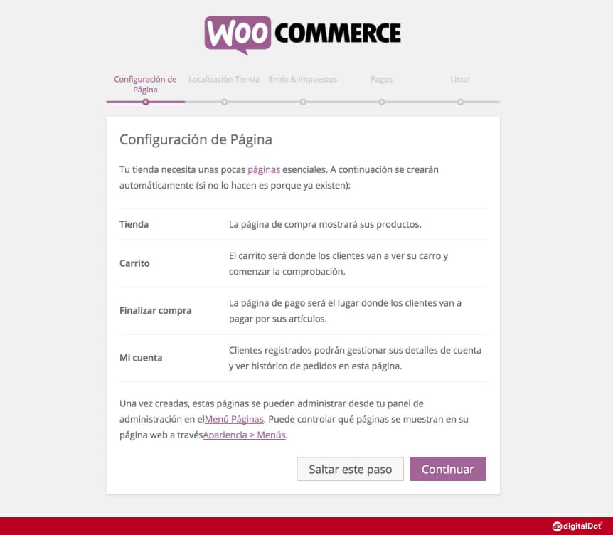 Configuración de las páginas en el asistente de instalación de WooCommerce