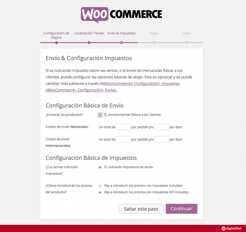 Configurar envíos e impuestos en el asistente de WooCommerce