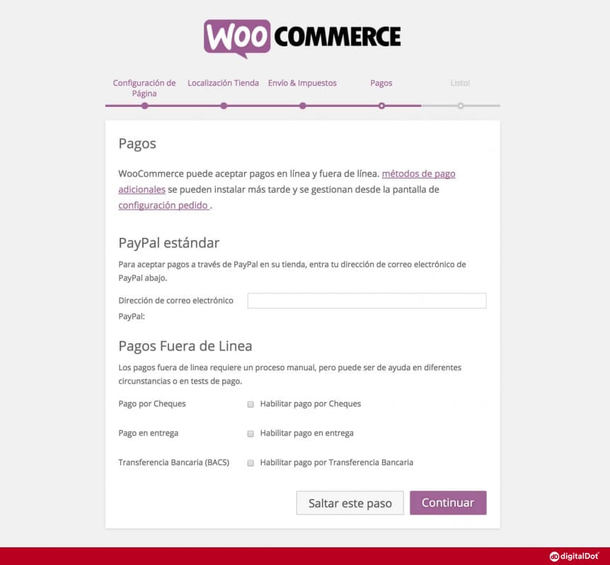 Configurar métodos de pago en el asistente de WooCommerce