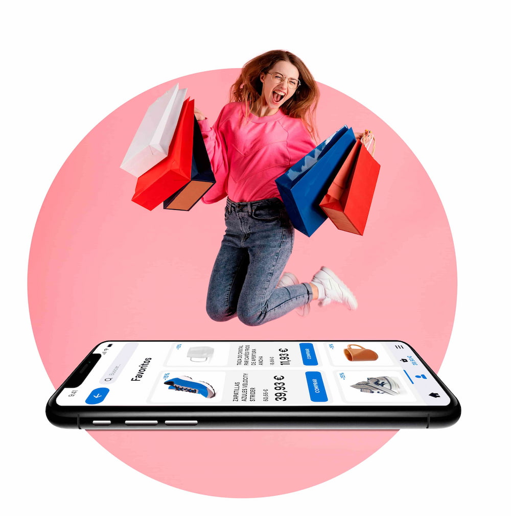 Chica saltando sobre un móvil con una tienda online
